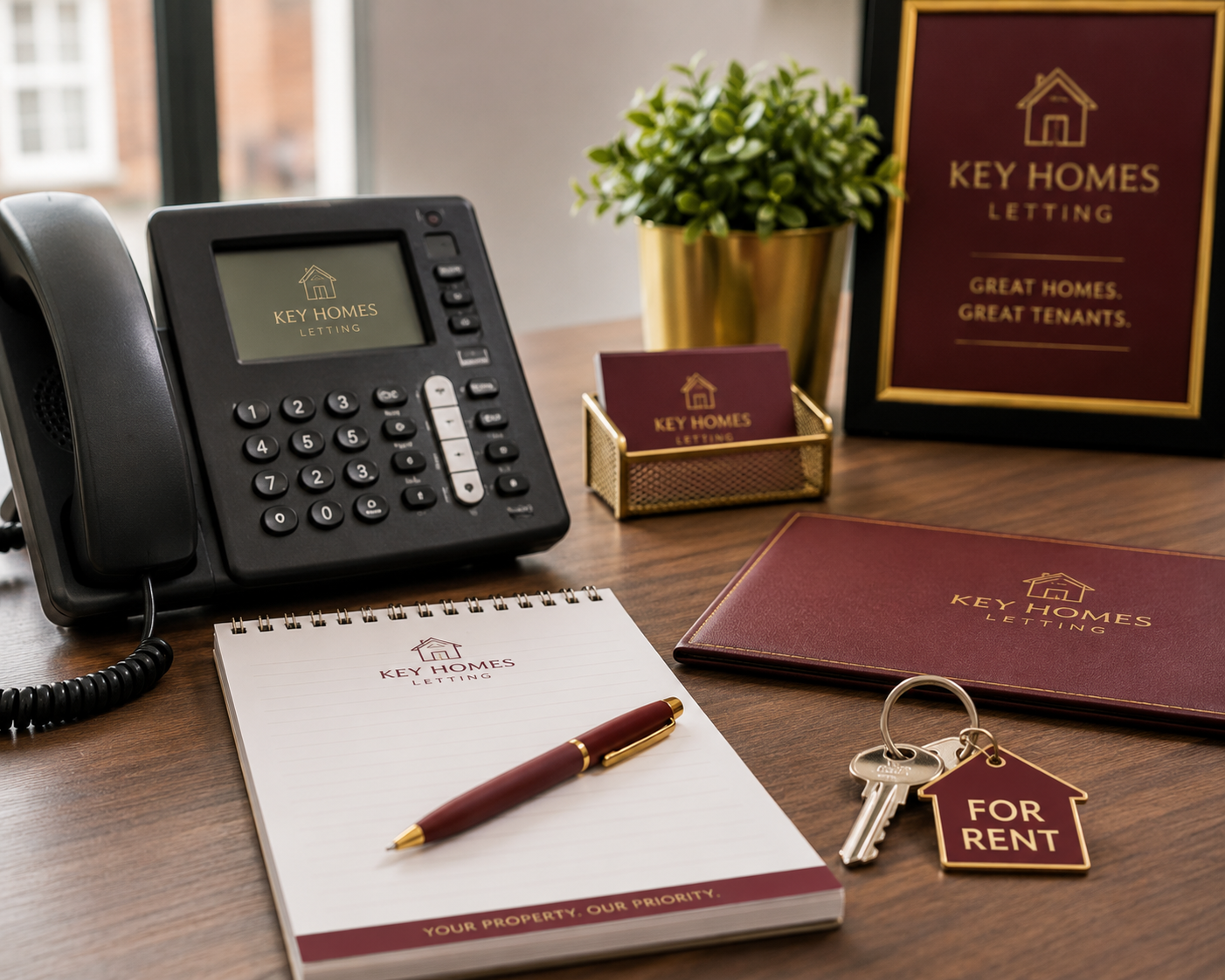 Letting agent desk with property paperwork and keys