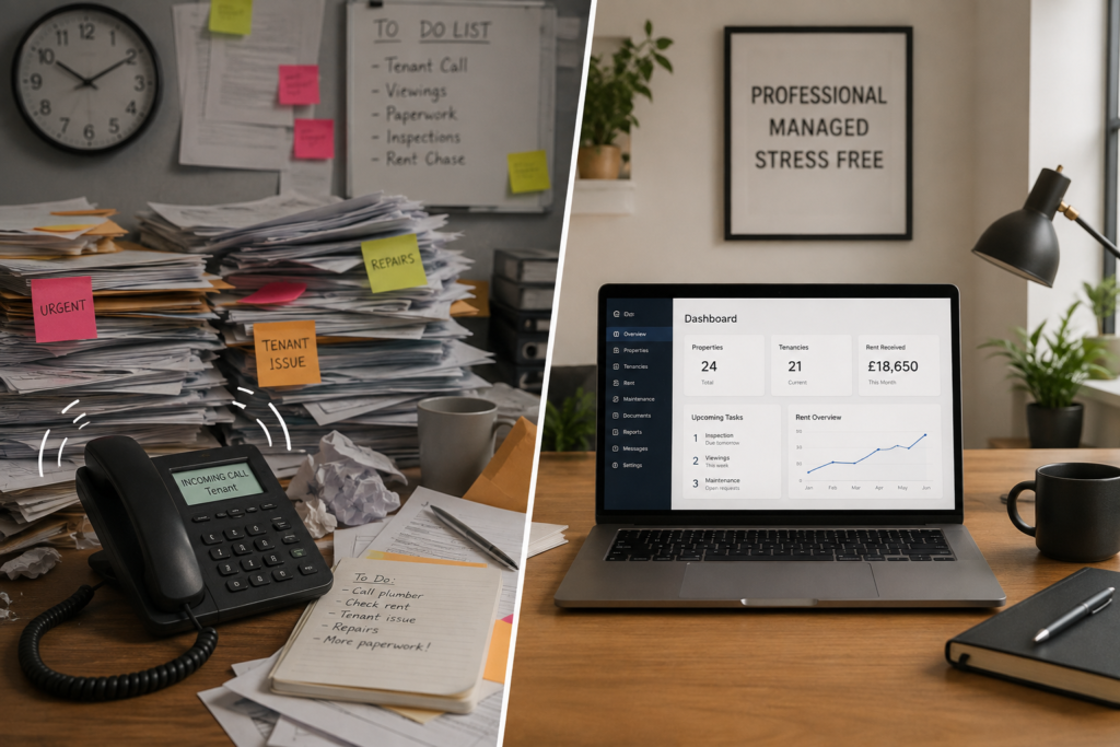 Comparing DIY property management vs a letting agent — stressed desk vs organised desk