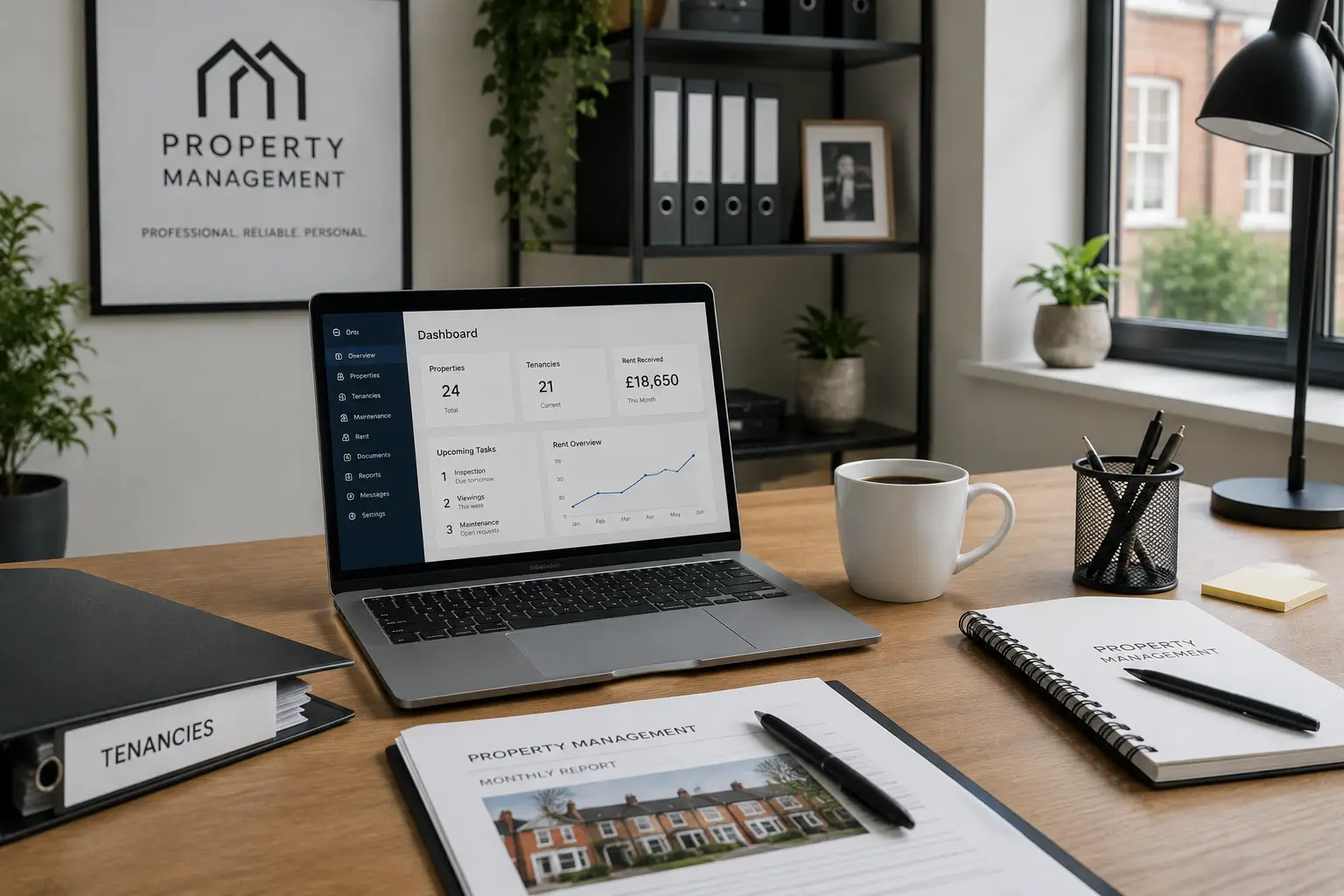 Organised property management office desk with laptop