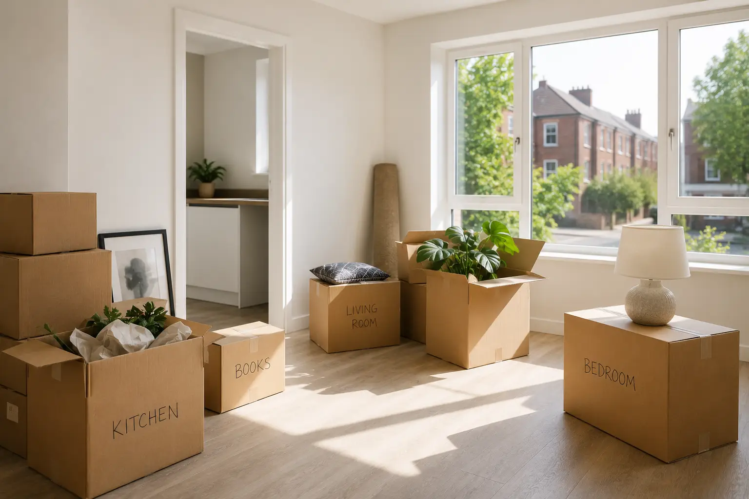 Moving-in day with boxes in a bright UK rental flat